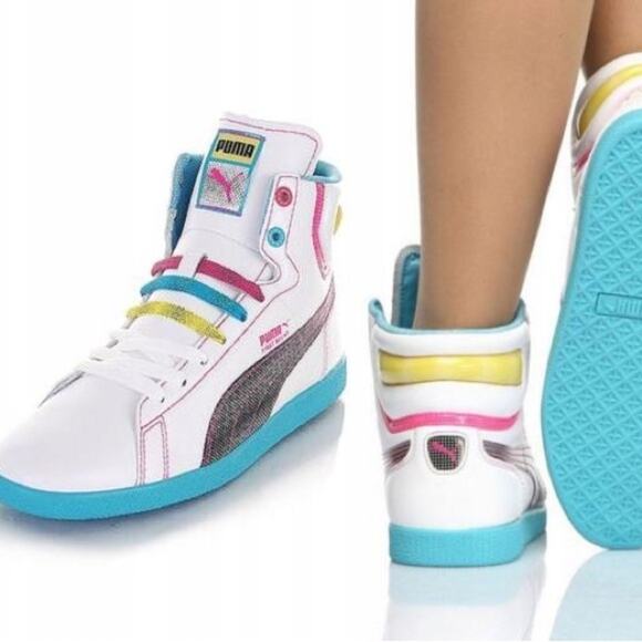 Puma Women's High Top Sneakers White Leather Trainers Neon 8.5 Y2K - Picture 1 of 10